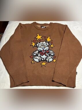 Rare Brown Crewneck Sweater with Playful Cat & Star Graphic